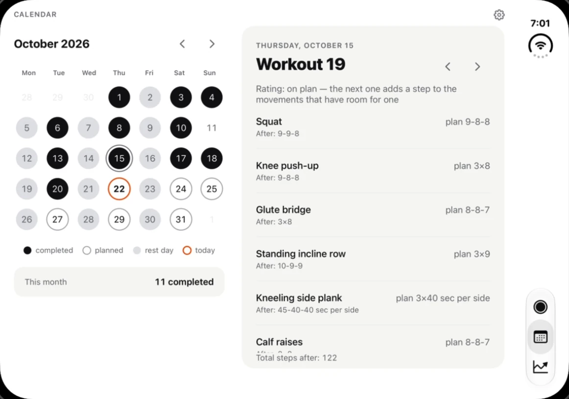 Dredfit's calendar after the redesign: the month on the left with October 15 selected, and that day's Workout 19 results in a panel on the right.