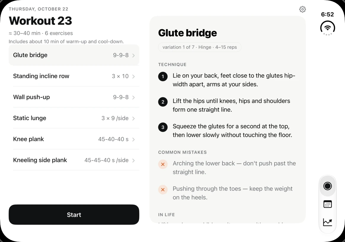 Dredfit's Today screen after the redesign: the plan on the left with Glute bridge selected, and its technique steps and common mistakes in a panel on the right.