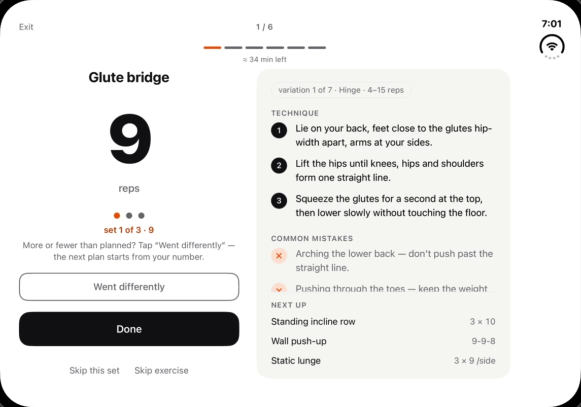 Dredfit's workout screen after the redesign: the rep count and buttons on the left, and the technique steps with the next three exercises on the right.