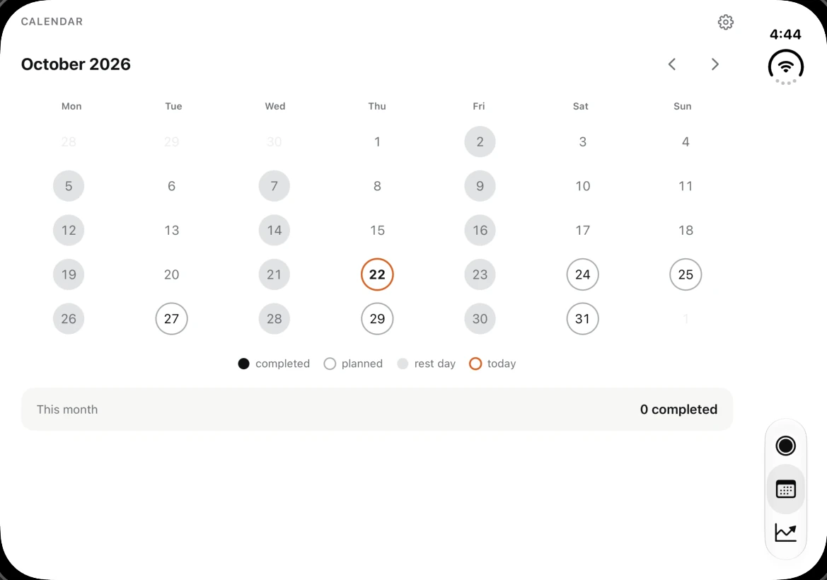 Dredfit's calendar before the redesign: a month grid spread thinly across the full width.