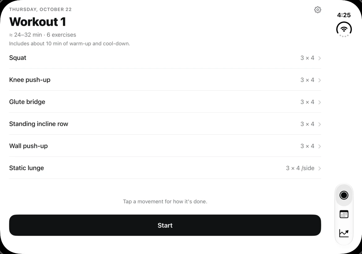Dredfit's Today screen unfolded before the redesign: six exercise rows stretched across the full width, with a full-width Start button.