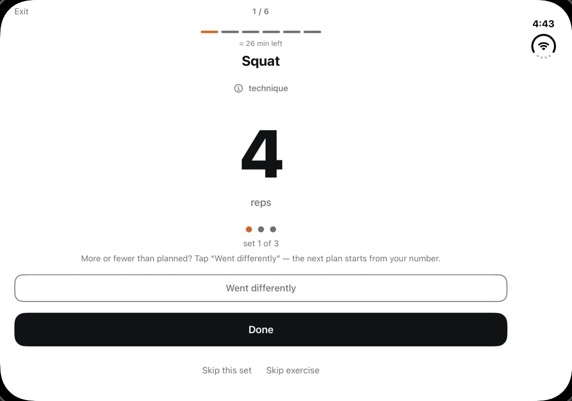 Dredfit's workout screen before the redesign: a single centred column with the rep count, and Went differently and Done buttons stretched edge to edge.